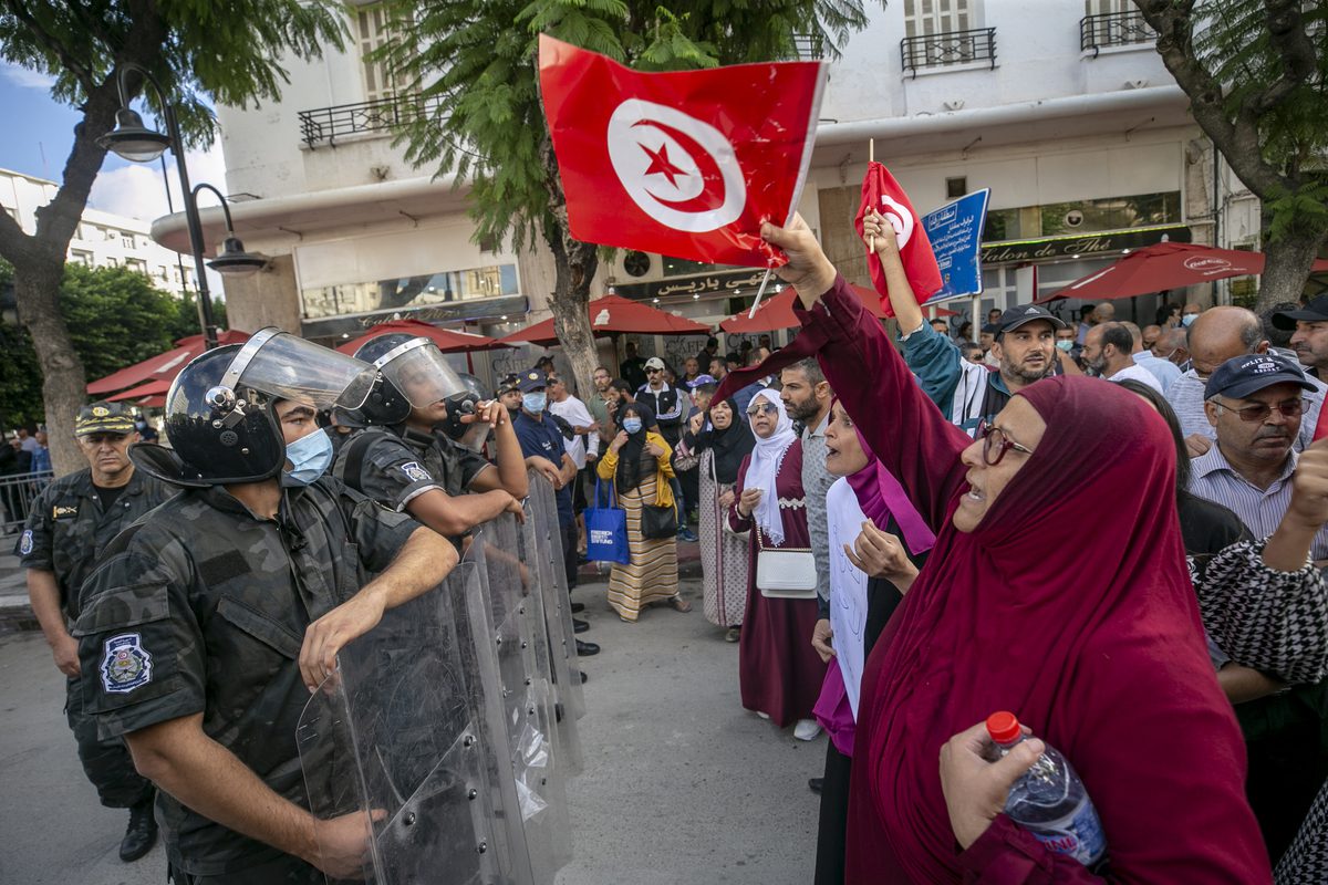 Demonstrators gather to protest against Tunisian President Kais Saied in Tunis, Tunisia on 10 October 2021 [Yassine Gaidi/Anadolu Agency]