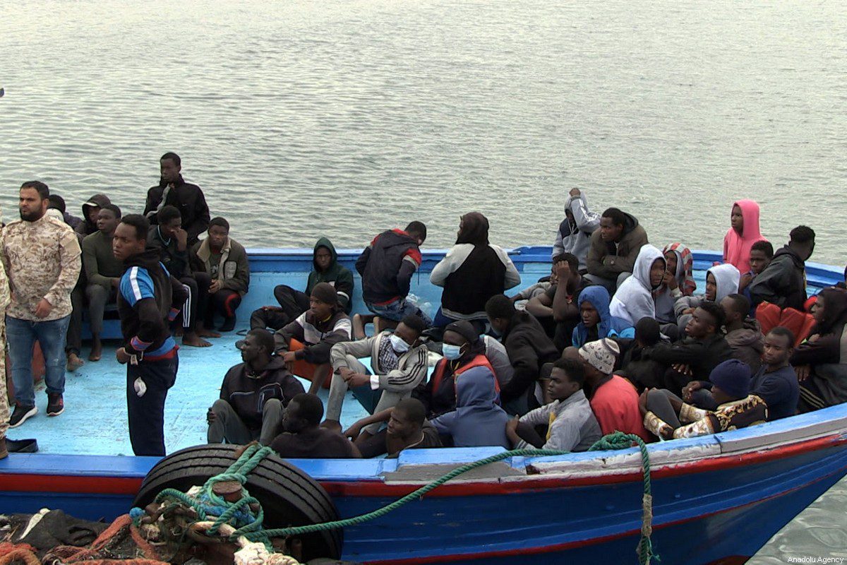 Migrants wait to be returned by Libyan Coast Guard 33 kilometers off the coast of Garabulli, 60 kilometres (40 miles) east of the capital Tripoli on October 19, 2021 [Stringer / Anadolu Agency]