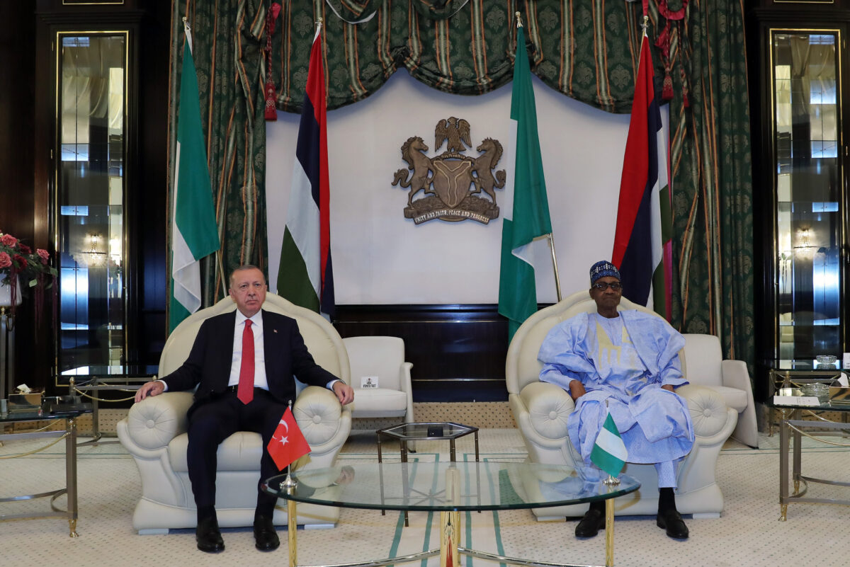 Turkish President, Recep Tayyip Erdogan (L) meets President of Nigeria Muhammadu Buhari (R) following an official welcoming ceremony at the presidential palace in Abuja, Nigeria on October 20, 2021 [TUR Presidency/Murat Cetinmuhurdar/Anadolu Agency]