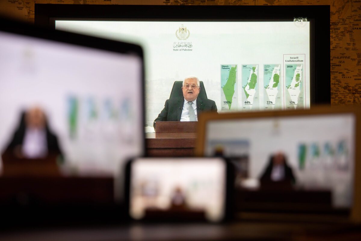 Mahmoud Abbas, Palestinian Authority president, speaks in a prerecorded video during the United Nations General Assembly via live stream in New York, US., on Friday, Sept. 24, 2021 [Michael Nagle/Bloomberg via Getty Images]