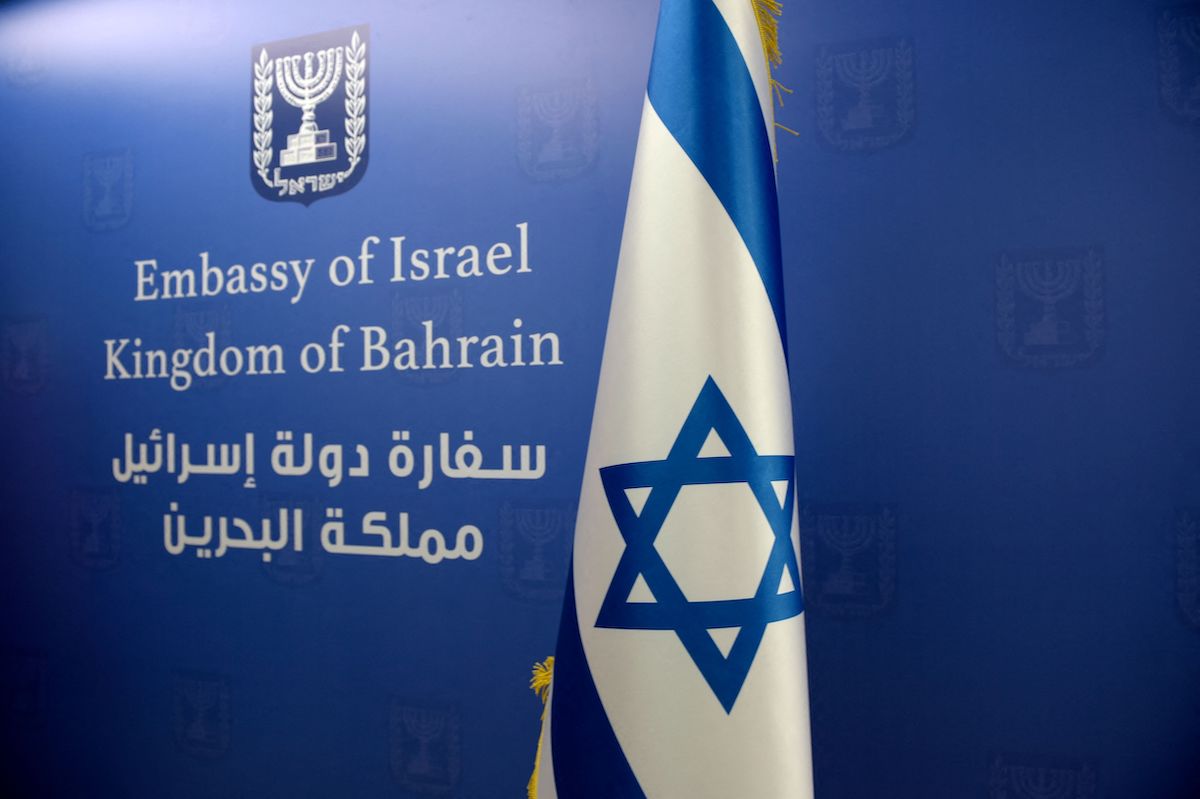 This picture shows an Israeli flag inside the newly opened embassy of the Jewish state, in the Bahraini capital Manama, on 30 September 2021. [MAZEN MAHDI/AFP via Getty Images]