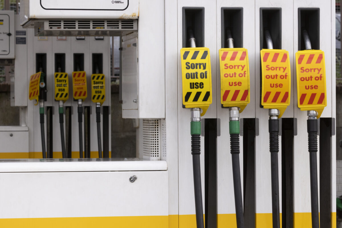 KENT, UNITED KINGDOM - OCTOBER 05: Empty fuel pumps at an Esso petrol station on October 5, 2021 in Maidstone, United Kingdom. The Petrol Retailers Association (PRA), which represents almost 5,500 of the UK's 8,000 filling stations, said that around 20 percent of forecourts in London and the South East were out of fuel yesterday. (Photo by Dan Kitwood/Getty Images)