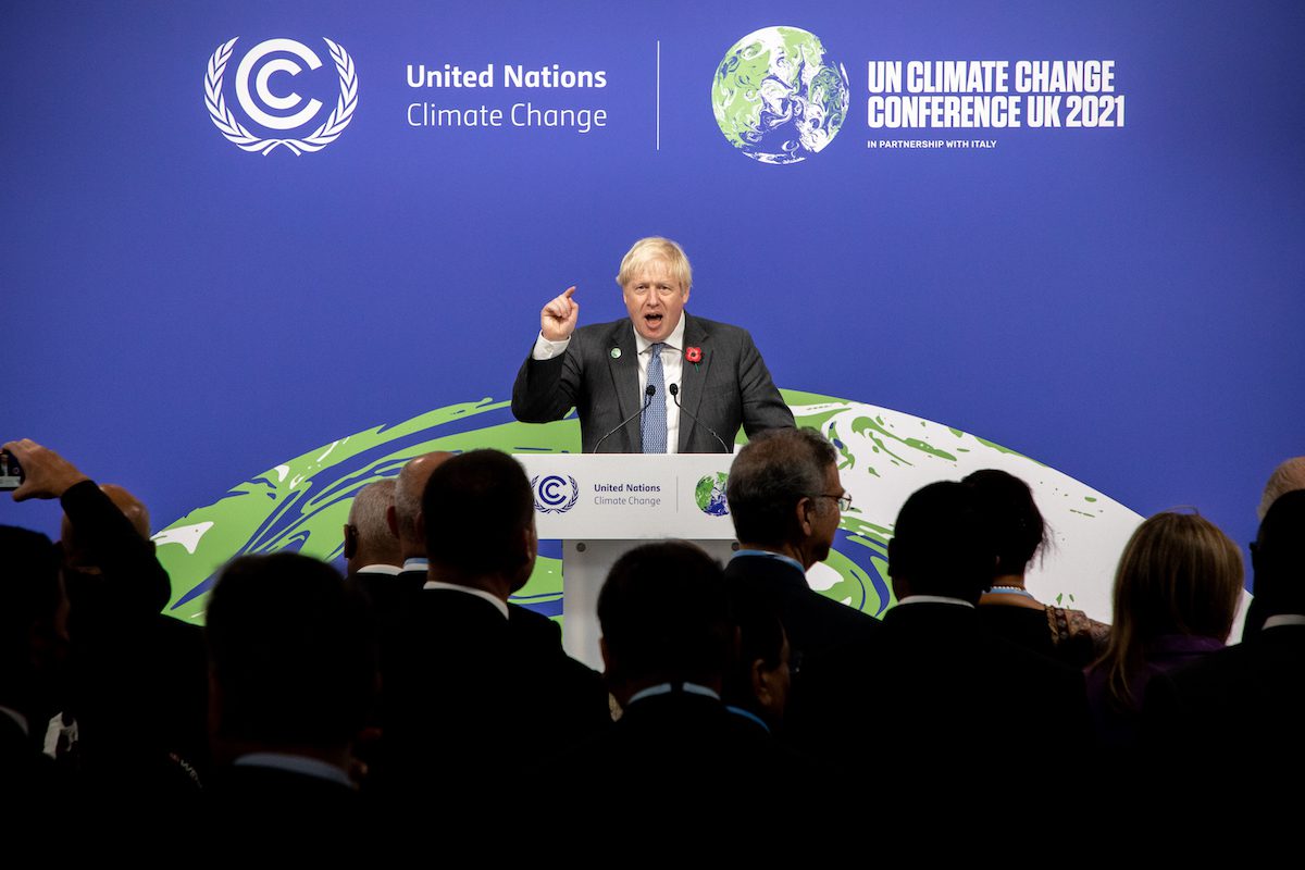 GLASGOW, SCOTLAND - NOVEMBER 2: (----EDITORIAL USE ONLY – MANDATORY CREDIT - "WILL CROWNE/ UK GOVERNMENT/POOL PHOTO" - NO MARKETING NO ADVERTISING CAMPAIGNS NO SALES - DISTRIBUTED AS A SERVICE TO CLIENTS----) UK Prime Minister, Boris Johnson, speaks to world leaders from the Commonwealth at the Commonwealth reception at COP26, in Glasgow, on November 2, 2021. ( Will Crowne/UK Government/Pool - Anadolu Agency )