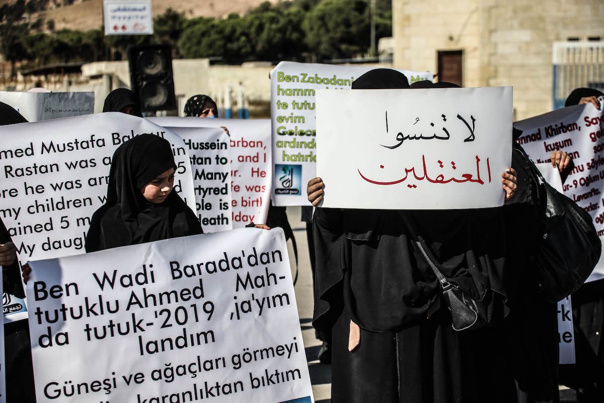 IDLIB, SYRIA - NOVEMBER 12: Syrian women stage a protest in demand of the release of detanees prisoned by Assad Regime in Idlib, Syria On November 12, 2021. ( İzzettin Kasim - Anadolu Agency )