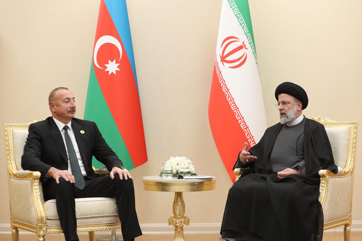 President of Azerbaijan Ilham Aliyev (L) meets Iranian President Ebrahim Raisi (R) within the 15th Summit of Economic Cooperation Organization in Ashgabat, Turkmenistan on 28 November 2021. [Presidency of Iran - Anadolu Agency]
