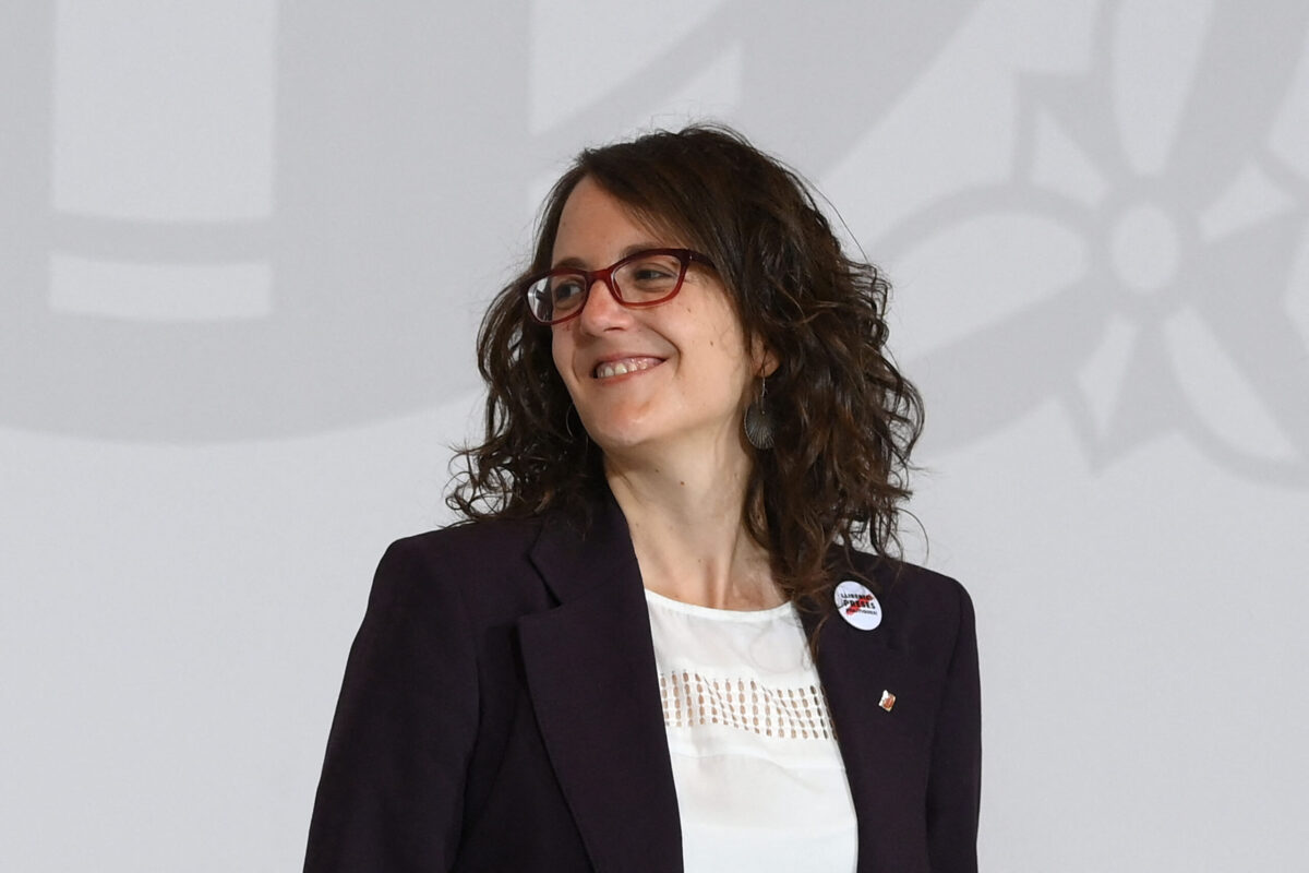 Catalonia's regional Minister of Feminism and Equality (R) Tania Verge takes at the Generalitat Palace in Barcelona on May 26, 2021 [LLUIS GENE/AFP via Getty Images]