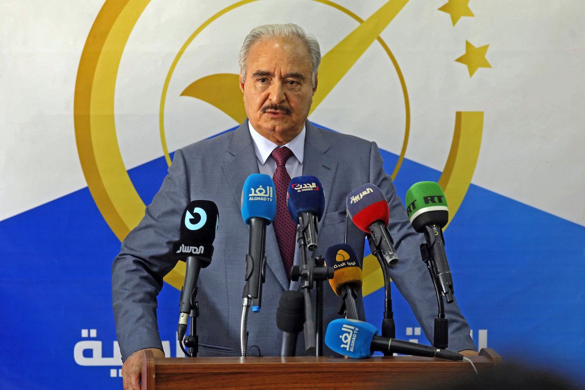 Libya's eastern military chief Khalifa Haftar gives a speech at the local headquarters of the High National Election Commission in the eastern city of Benghazi on 16 November 2021. [ABDULLAH DOMA/AFP via Getty Images]