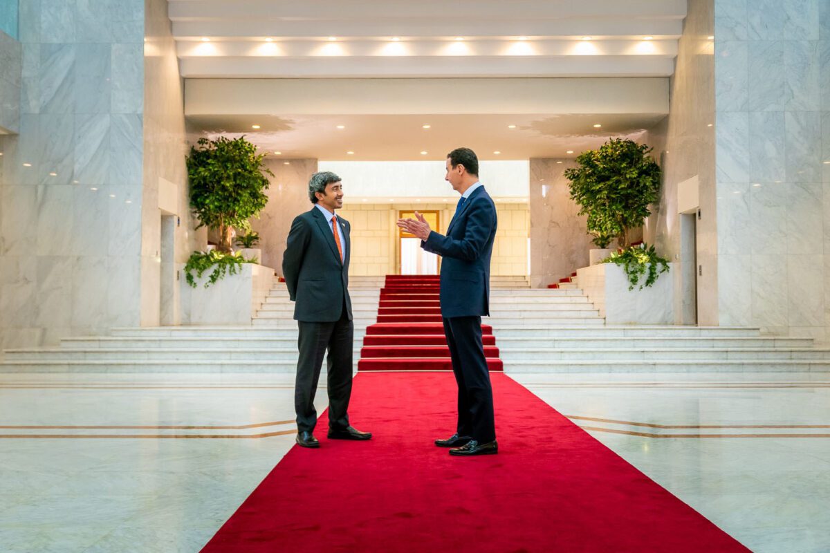 UAE Foreign Minister, Abdullah Bin Zayed Al-Nahyan meets Syrian President Bashar Al-Assad in Damascus on 9 November 2021 [Emirates News Agency WAM]