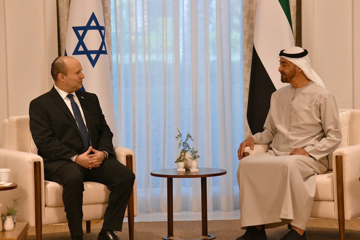 Israeli Prime Minister Naftali Bennett (L) meets Abu Dhabi Crown Prince Mohammed bin Zayed Al Nahyan (R) in Abu Dhabi, UAE on 13 December 2021 [Israeli Gov't Press Office/Anadolu Agency]
