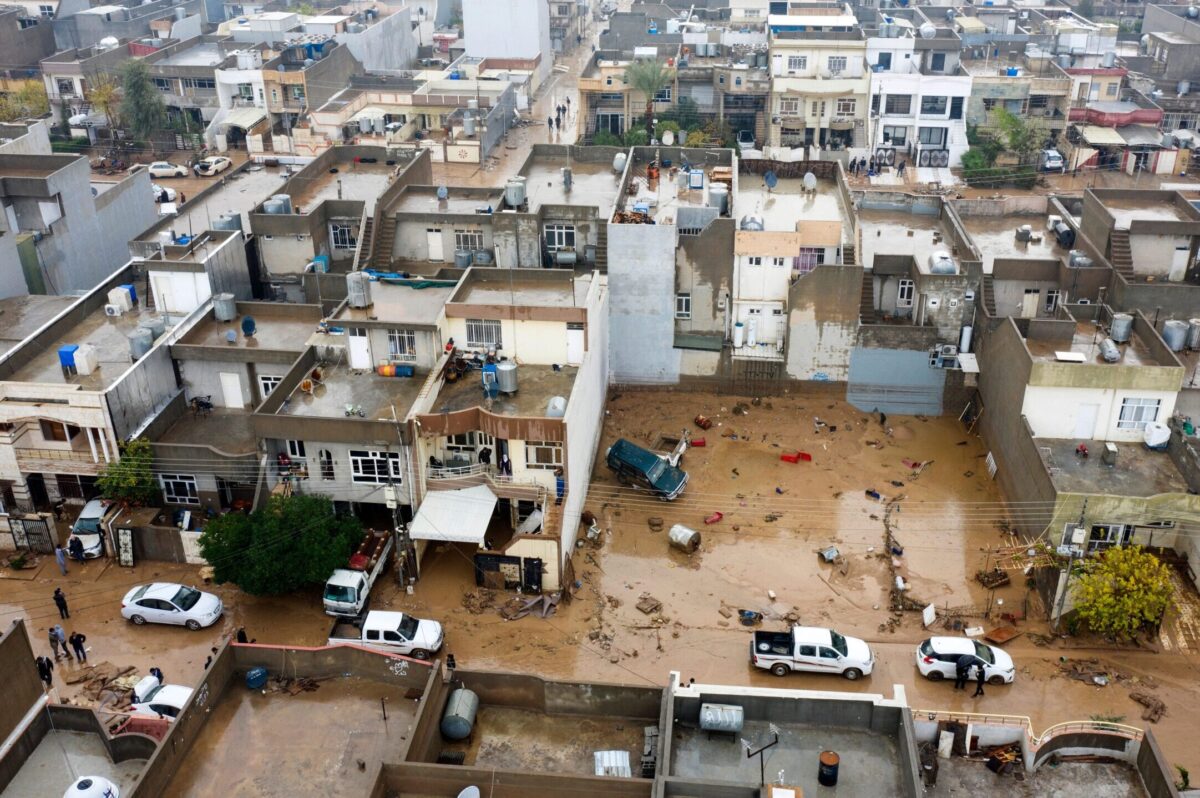 This aerial view shows a neighbourhood in the area of Daratu, on the outskirts of Arbil, the capital of the northern Iraqi Kurdish autonomous region, on December 17, 2021, after flash floods caused by torrential rains left eight people dead. (Photo by AFP) (Photo by -/AFP via Getty Images)