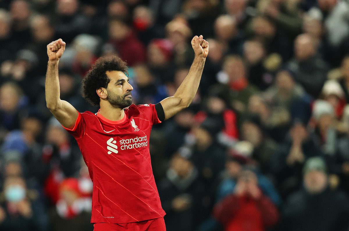 Mohamed Salah of Liverpool celebrates after scoring their side's first goal from the penalty spot during the Premier League match between Liverpool and Aston Villa at Anfield on 11 December 2021 in Liverpool, England [Clive Brunskill / Getty Images]