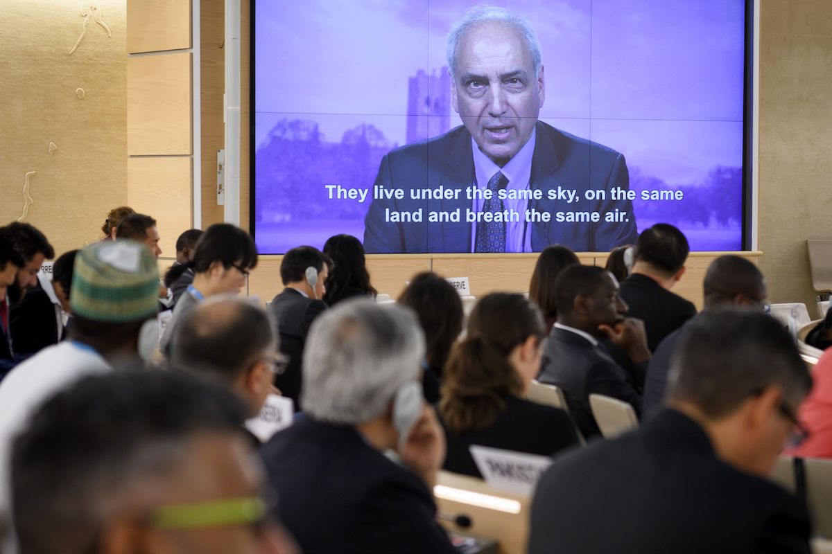 United Nations (UN) Special Rapporteur on Palestine, Michael Lynk delivers a video message on May 18, 2018 in Geneva [FABRICE COFFRINI/AFP via Getty Images]