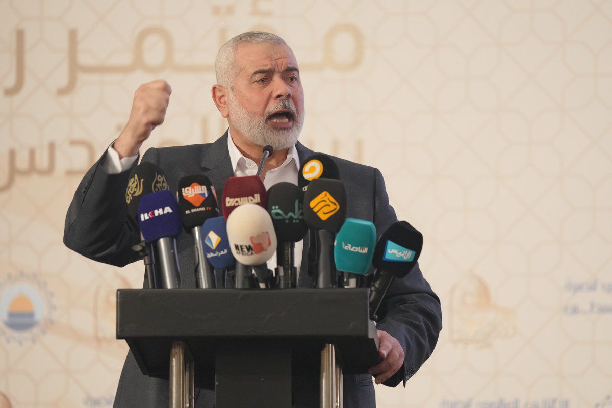 ISTANBUL, TURKEY - DECEMBER 2: Hamas political chief Ismail Haniyeh makes a speech during the 12th conference on Jerusalem entitled, "The Vanguards of Jerusalem hold its Sword," in Istanbul, Turkey on December 2, 2021. ( Ömer Ensar - Anadolu Agency )