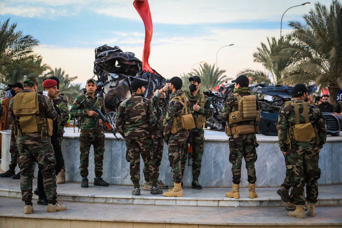 A commemoration ceremony is held near Baghdad International Airport marking the second anniversaries of the killing of Iranian Revolutionary Guards' Quds Force commander Qasem Soleimani and the vice president of the Hashd al-Shaabi Abu Mahdi al-Muhandis, on January 02, 2022 in Bahgdad, Iraq. ( Murtadha Al-Sudani - Anadolu Agency )