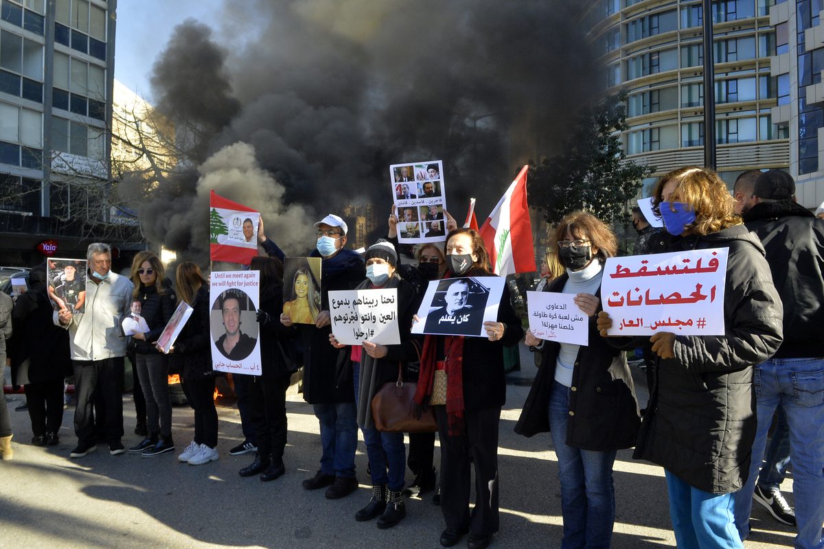 Relatives of those who lost their lives in the Beirut port blast on August 4, 2020, stage a protest in front of the Beirut Palace of Justice, demanding justice, on January 17, 2022 [Houssam Shbaro/Anadolu Agency]