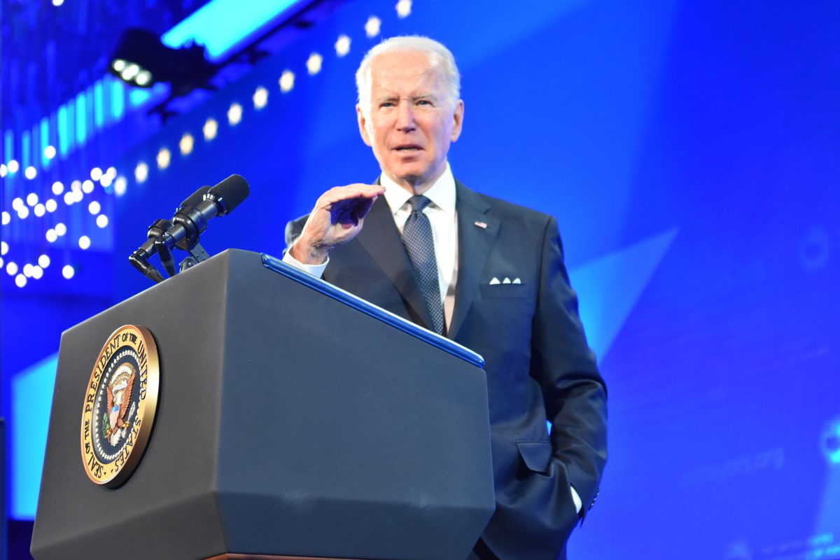 US President Joe Biden speaks during the US Conference of Mayors 90th Annual Winter Meeting in Washington, DC, United States on January 21, 2022 [Kyle Mazza / Anadolu Agency]