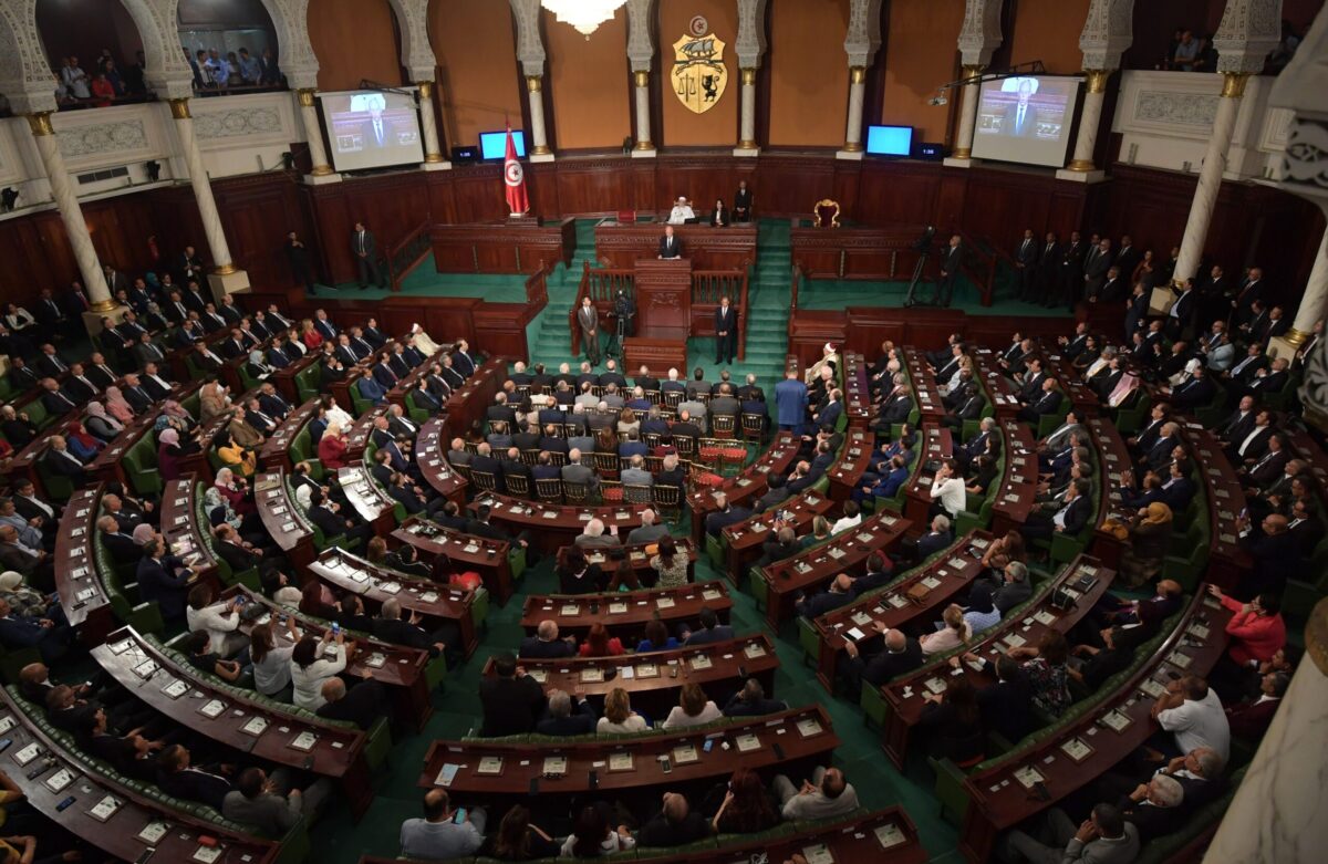 Tunisia's new President Kais Saied takes the oath of office on October 23, 2019 at the parliament in Tunis. - Saied, a conservative academic with no previous political experience who won the overwhelming support of younger voters in an October 13 runoff, was sworn in before members of the constituent assembly and other top state bodies. (Photo by Fethi Belaid / AFP) (Photo by FETHI BELAID/AFP via Getty Images)