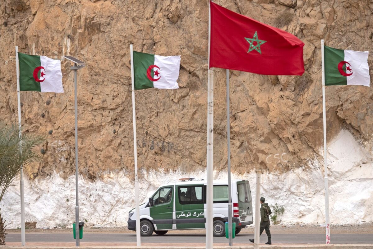 A picture taken from the Moroccan region of Oujda shows Algerian border guards patrolling along the border with Morocco on November 4, 2021 [FADEL SENNA/AFP via Getty Images]
