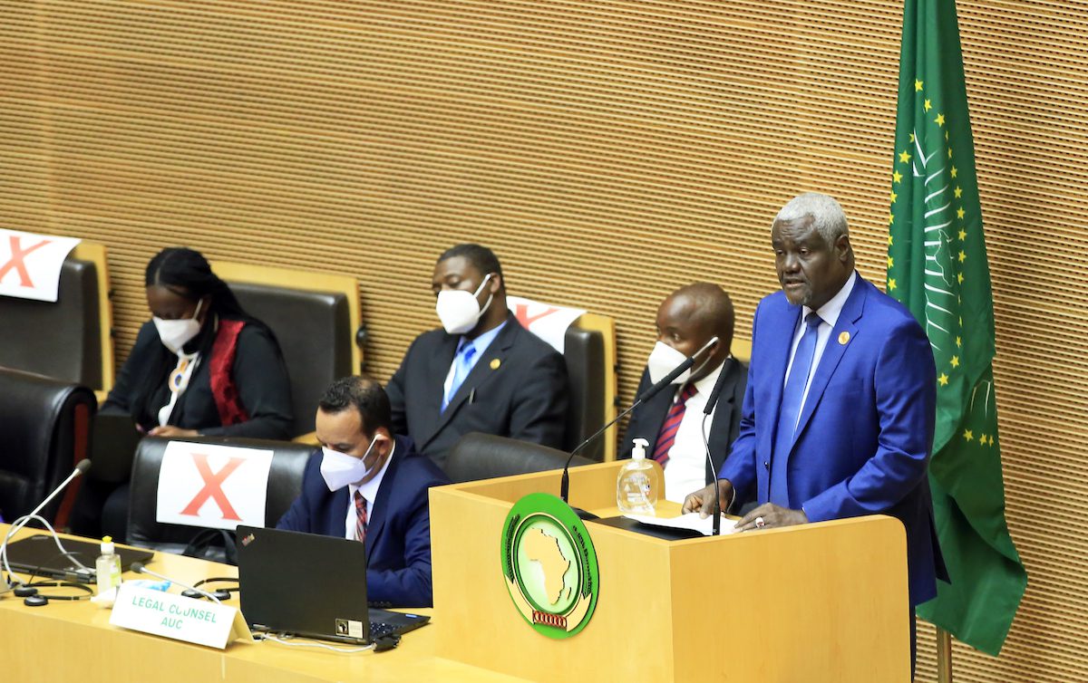 African Union Commission Chairperson Moussa Faki Mahamat makes a speech at the 35th session of the African Union Summit kicks off in Addis Ababa, Ethiopia on 2 February 2022. [Minasse Wondimu Hailu - Anadolu Agency]