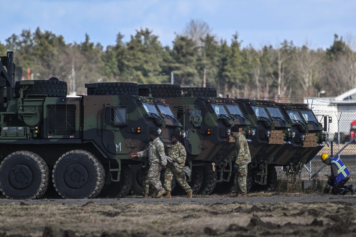 MIELEC, POLAND - FEBRUARY 12 : Us army military equipment and soldiers are inside in a temporary base in Mielec, Poland on February 12, 2022. Yesterday, US President, Joe Biden announced that a land invasion in Ukraine by Russia might happen at anytime and advised US citizens to leave the country in the next 48 Hours. ALso, during the next week, more 3000 US soldiers will be deployed to Poland. ( Omar Marques - Anadolu Agency )