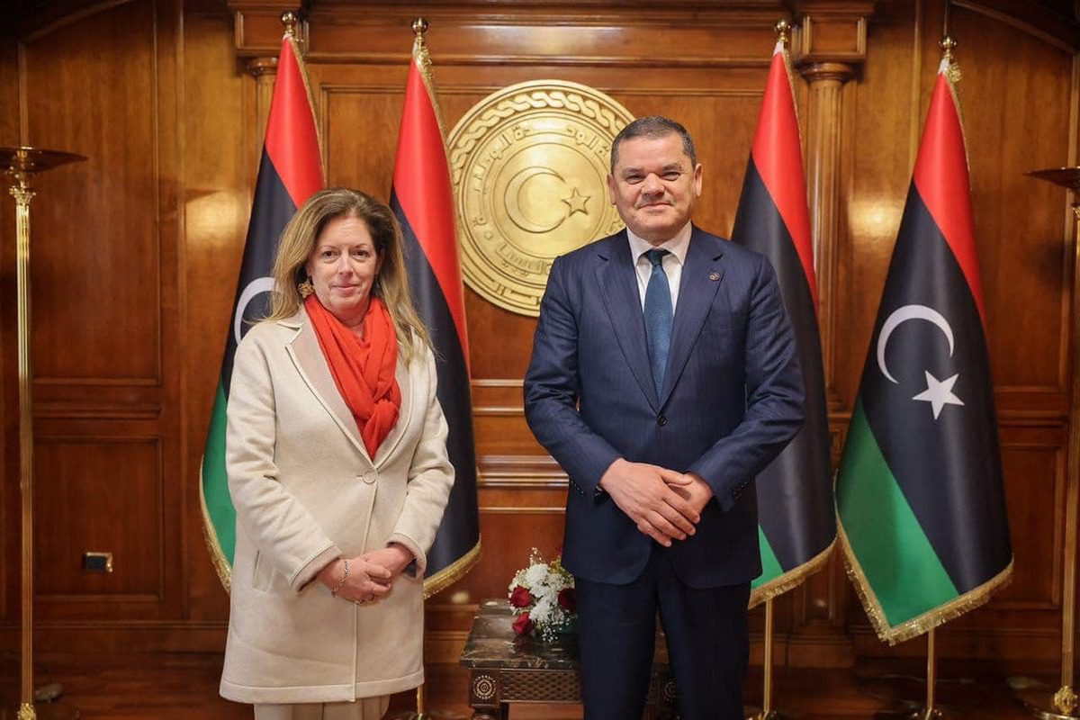 Libyan Prime Minister Abdul Hamid Dbeibeh meets United Nations (UN) Special Envoy to Libya Stephanie Williams in Tripoli, Libya on February 13, 2022. ( LIBYAN PRIME MINISTRY PRESS OFFICE - Anadolu Agency )