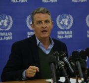 Director of the organisation in Gaza Thomas White speaks at a press conference as UNRWA prepares 54 shelters to house displaced Palestinians in the besieged Gaza Strip [Mohammed Asad/Middle East Monitor]