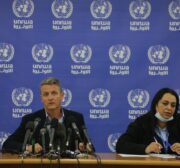 Director of the organisation in Gaza Thomas White speaks at a press conference as UNRWA prepares 54 shelters to house displaced Palestinians in the besieged Gaza Strip [Mohammed Asad/Middle East Monitor]