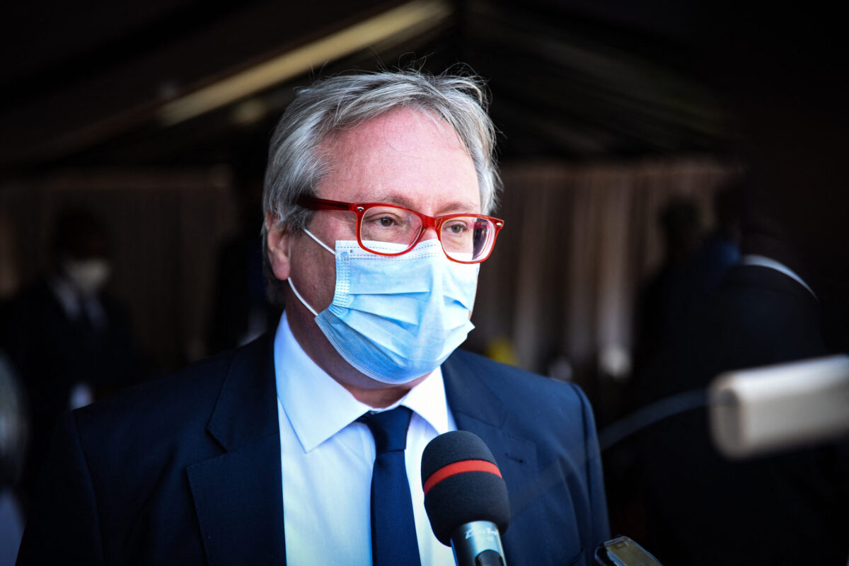 In this file photo dated January 21, 2022 Joël Meyer, French Ambassador to Mali, is seen speaking to the press during the National Funeral of Ibrahim Boubacar Keïta, former President of the Republic of Mali, at the Military Engineering Centre (Base A) in Bamako. - Malian authorities dominated by the military have decided to expel the French ambassador, in a further sharp escalation of the estrangement between Bamako and Paris, announced Monday the state television. (Photo by Nicolas Réméné / AFP) (Photo by NICOLAS REMENE/AFP via Getty Images)