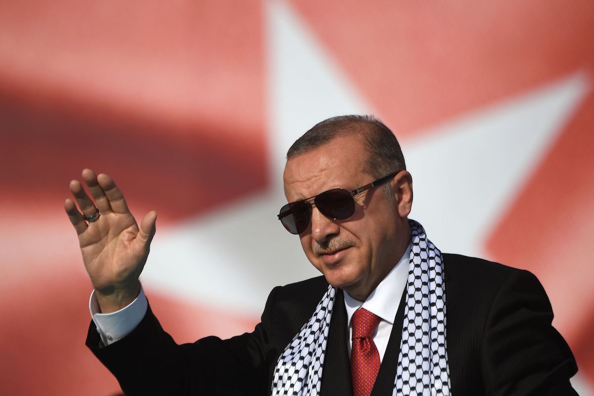 Turkish President Recep Tayyip Erdogan addresses a protest rally in Istanbul on 18 May 2018, against the recent killings of Palestinian protesters on the Gaza-Israel border and the US embassy move to Jerusalem. [OZAN KOSE/AFP via Getty Images]