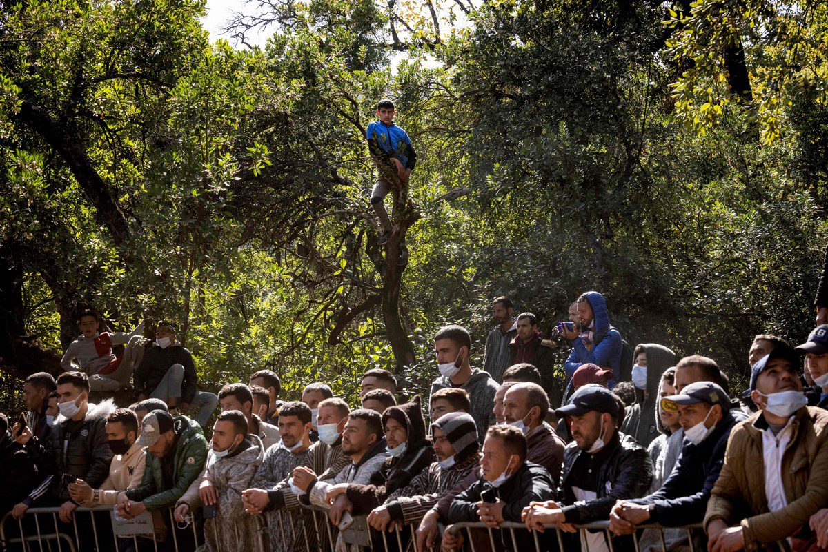 Moroccans gather during the funeral of five-year-old Rayan Awram in Chefchaouen, Morocco on 7 February 2022 [FADEL SENNA/AFP/Getty Images]