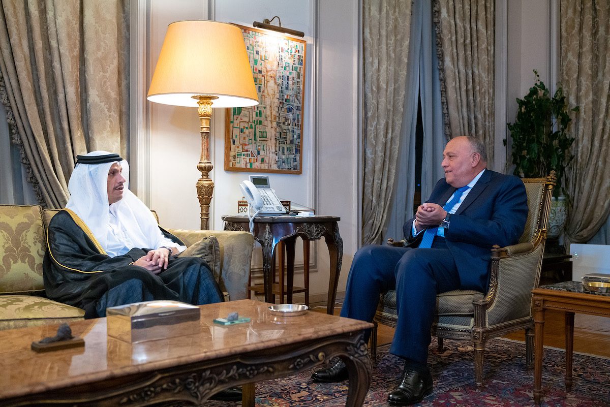 Egyptian Foreign Minister Sameh Hassan Shoukry (R) meets with Deputy Prime Minister and Minister of Foreign Affairs of Qatar Sheikh Mohammed bin Abdulrahman Al-Thani i (L) in Doha, Qatar on March 28 , 2022. [Qatar Ministry of Foreign Affairs - Anadolu Agency]