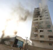 The first fire engine made in Gaza takes part in an emergency drill on 1 February 2022 [Mohammed Asad/Middle East Monitor]