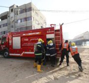 The first fire engine made in Gaza takes part in an emergency drill on 1 February 2022 [Mohammed Asad/Middle East Monitor]