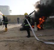 The first fire engine made in Gaza takes part in an emergency drill on 1 February 2022 [Mohammed Asad/Middle East Monitor]