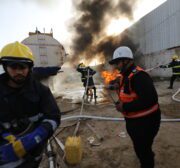 The first fire engine made in Gaza takes part in an emergency drill on 1 February 2022 [Mohammed Asad/Middle East Monitor]