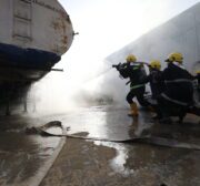 The first fire engine made in Gaza takes part in an emergency drill on 1 February 2022 [Mohammed Asad/Middle East Monitor]