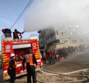 The first fire engine made in Gaza takes part in an emergency drill on 1 February 2022 [Mohammed Asad/Middle East Monitor]