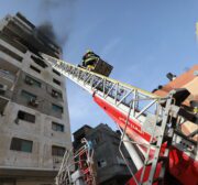 The first fire engine made in Gaza takes part in an emergency drill on 1 February 2022 [Mohammed Asad/Middle East Monitor]