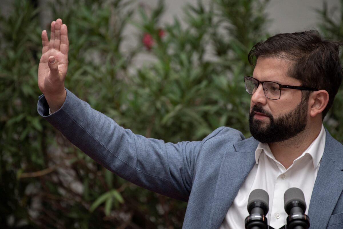 Chilean President Gabriel Boric arives for a press conference with the international press at La Moneda Presidential Palace in Santiago on March 14, 2022. - Leftist ex-student activist Gabriel Boric was sworn in Friday as Chile's youngest-ever president and hailed the country's Marxist former leader Salvador Allende in his inaugural address to the nation. (Photo by Martin BERNETTI / AFP) (Photo by MARTIN BERNETTI/AFP via Getty Images)