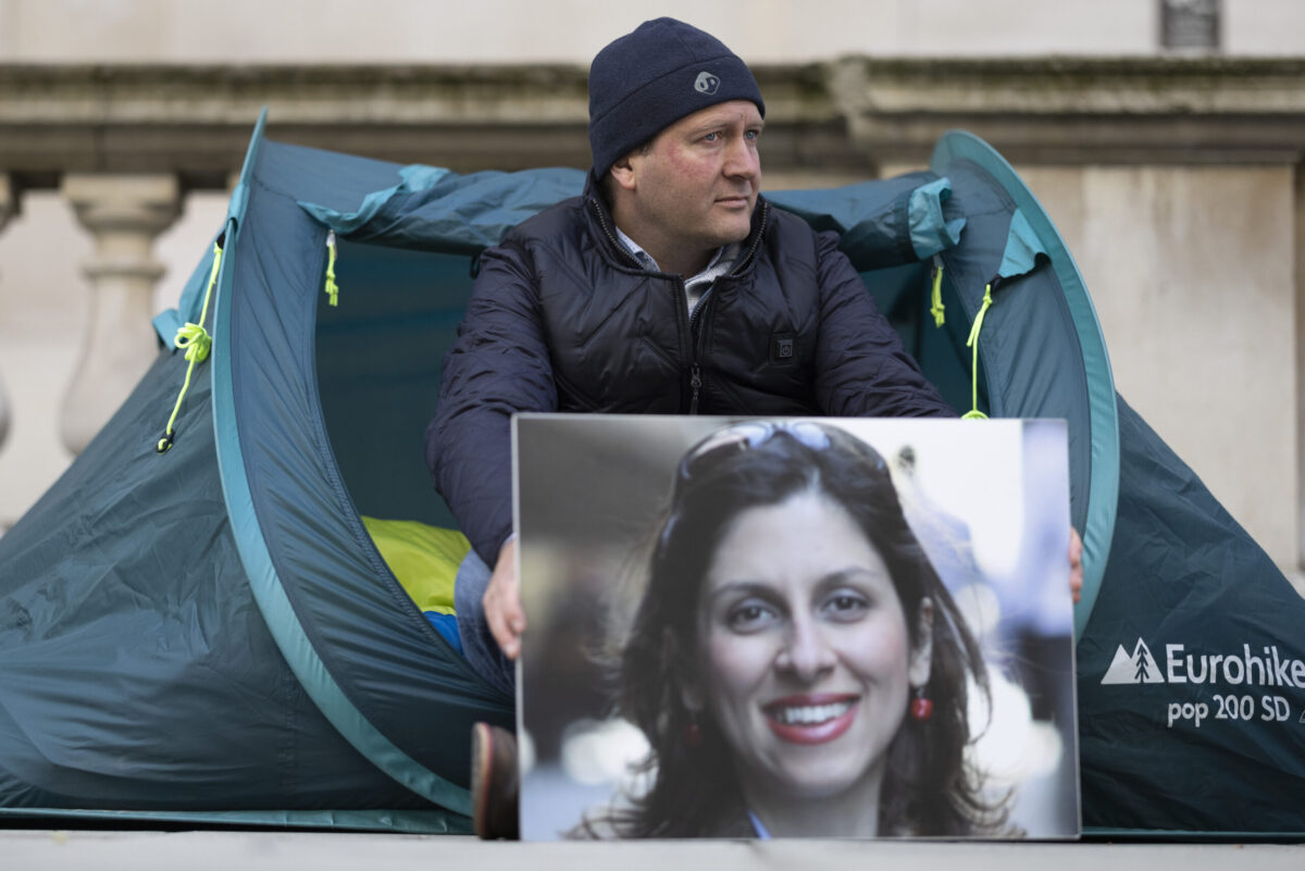 Richard Ratcliffe protests outside the Foreign Office while on hunger strike, part of an effort to lobby the UK foreign secretary to bring his wife home from detention in Iran, on October 25, 2021 in London, England [Dan Kitwood/Getty Images]