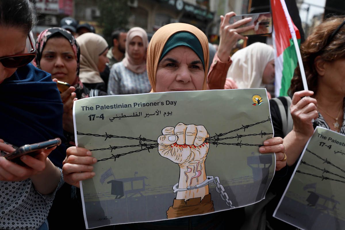 People take part in a march held for Palestinian Prisoners' Day in Ramallah, West Bank on 17 April 2022. [Issam Rimawi - Anadolu Agency]