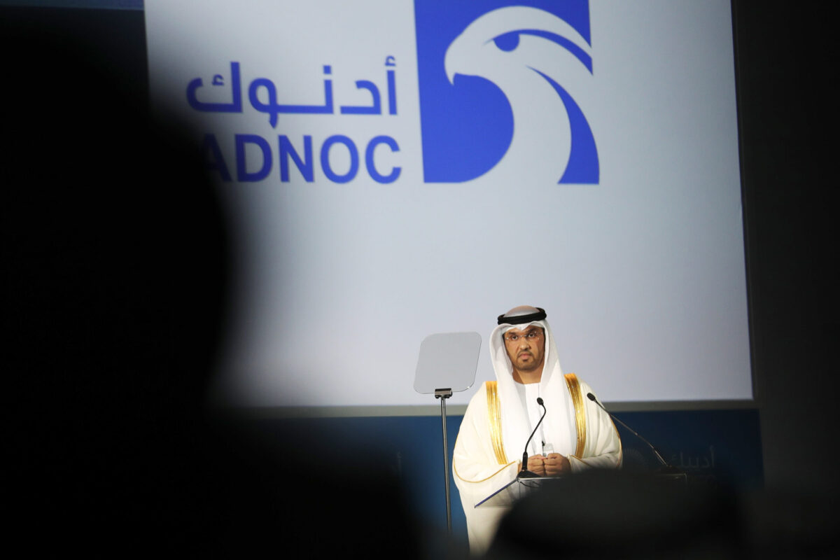 UAE Minister of State and ADNOC Group CEO, Sultan Ahmed al-Jaber, speaks during the Abu Dhabi International Petroleum Exhibion and Conference (ADIPEC) on 13 November 2017 [Karim Sahib/AFP via Getty Images]