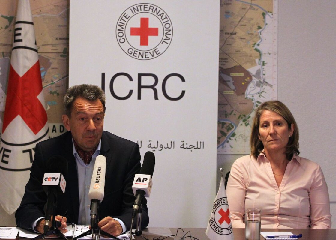 Peter Maurer, President of the International Committee of the Red Cross (ICRC) and Katharina Ritz, ICRC's head of delegation, give a press conference in Baghdad on March 7, 2018. [AHMAD AL-RUBAYE/AFP via Getty Images]