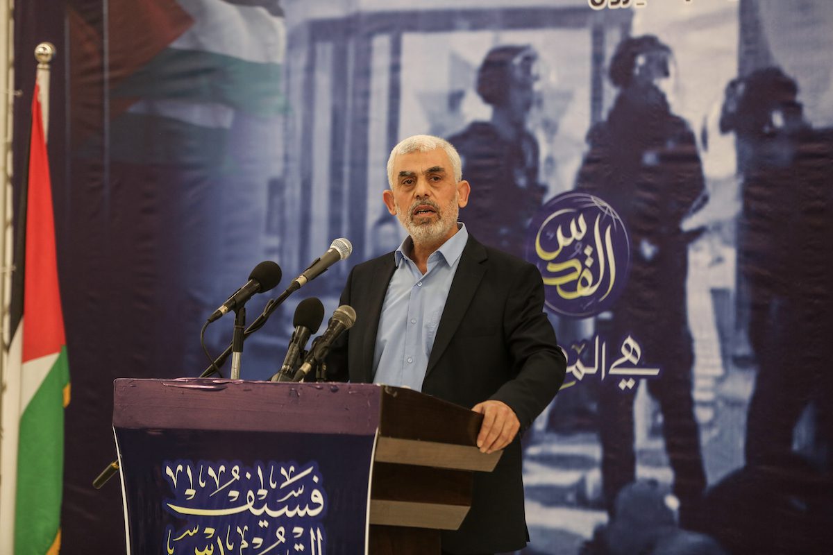 Yahya Sinwar, the head of Hamas in Gaza speaks during an iftar dinner of Hamas during holy month of Ramadan in Gaza City, Gaza on April 30, 2022. [Ali Jadallah - Anadolu Agency]