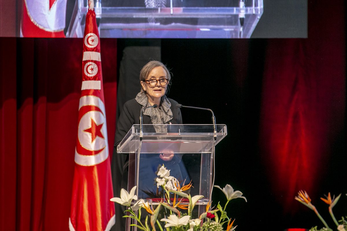 Tunisian Prime Minister Najla Bouden speaks at the ceremony in Tunis, Tunisia on May 07, 2022 [Yassine Gaidi/Anadolu Agency]