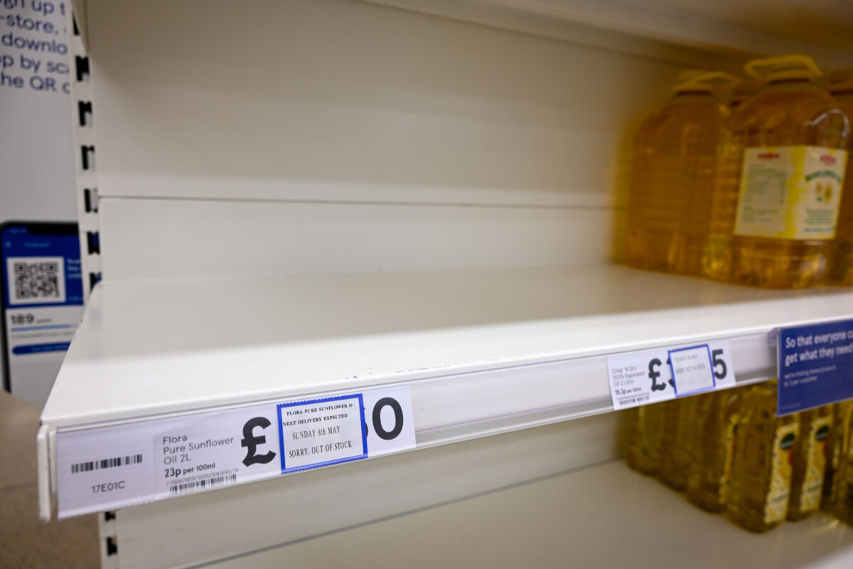 Sunflower Oil shelves are seen partially empty in Tesco, on May 03, 2022 in Salisbury, United Kingdom [Finnbarr Webster/Getty Images]