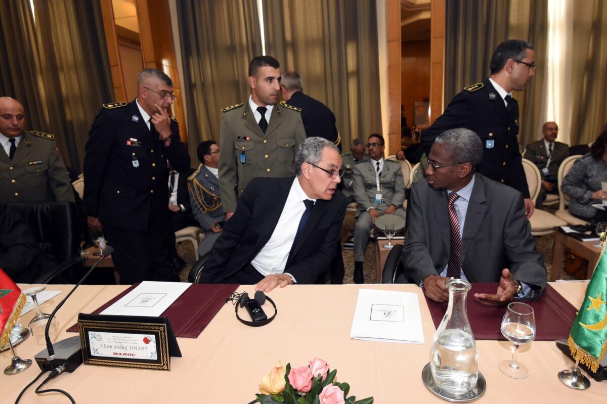 Defense ministers of Moroco Abdeltif Loudyi (L) and Mauritania Diallo Mamadou Bathia, speak during the "Dialogue 5+5" summmit in the Tunisian capital Tunis on December 10, 2015 [FETHI BELAID/AFP via Getty Images]