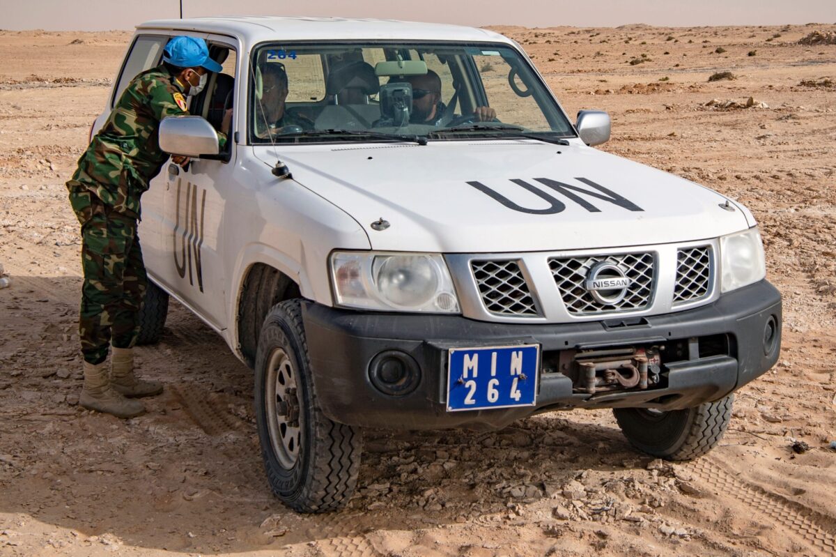 UN peacekeeper of the United Nations Mission for the Referendum in Western Sahara (MINURSO) at the border crossing point between Morocco and Mauritania in Guerguerat located in the Western Sahara, on November 25, 2020 [FADEL SENNA/AFP via Getty Images]