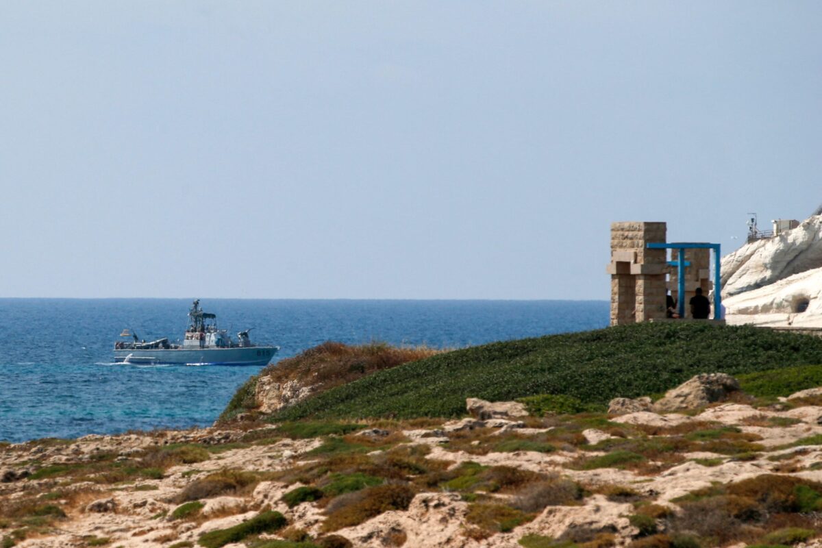 An Israeli navy vessel is pictured off the coast of Rosh Hanikra, an area at the border between Israel and Lebanon (Ras al-Naqura) [JALAA MAREY/AFP via Getty Images]