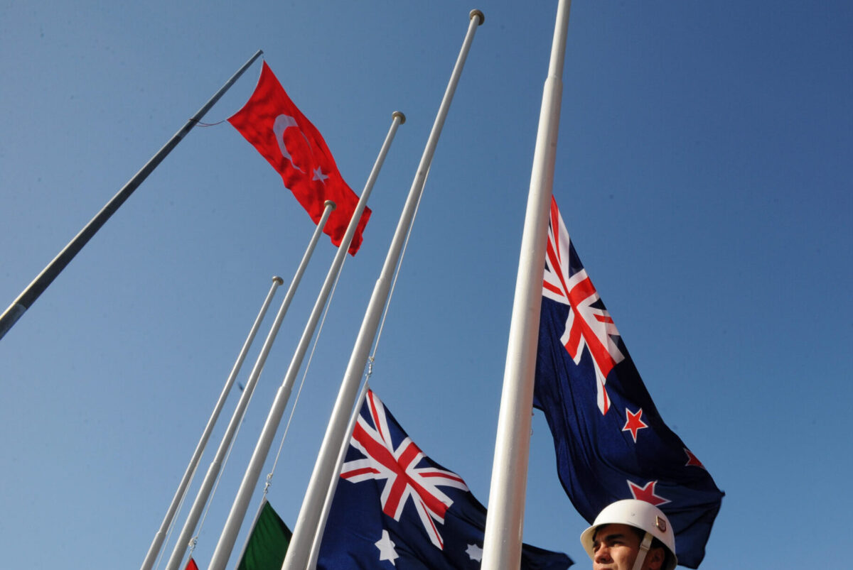 Turkish soldiers stand beside flag poles during the 94th anniversary of the World War I campaign as Anzac Day is marked on April 24, 2009 in Gallipoli,Turkey. ANZAC stands for Australian and New Zealand Army Corps, with ANZAC Day marking the anniversary of Australian and New Zealand forces landing at Gallipoli in Turkey in World War I which resulted in the deaths of more than 8000 ANZACs. (Photo by Burak Kara/Getty Images)